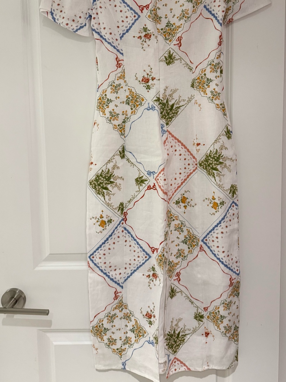 Reformation White Midi Dress with Red, Blue, Green Floral Patchwork - Picture 5 of 9